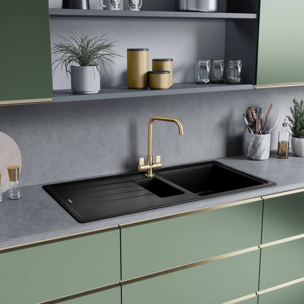 Rangemaster Aquaquad Mixer Tap Brushed Brass With Dual Lever Life Style