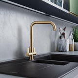 Rangemaster Aquaquad Mixer Tap Brushed Brass with Dual Lever in Stainless Steel Life Style