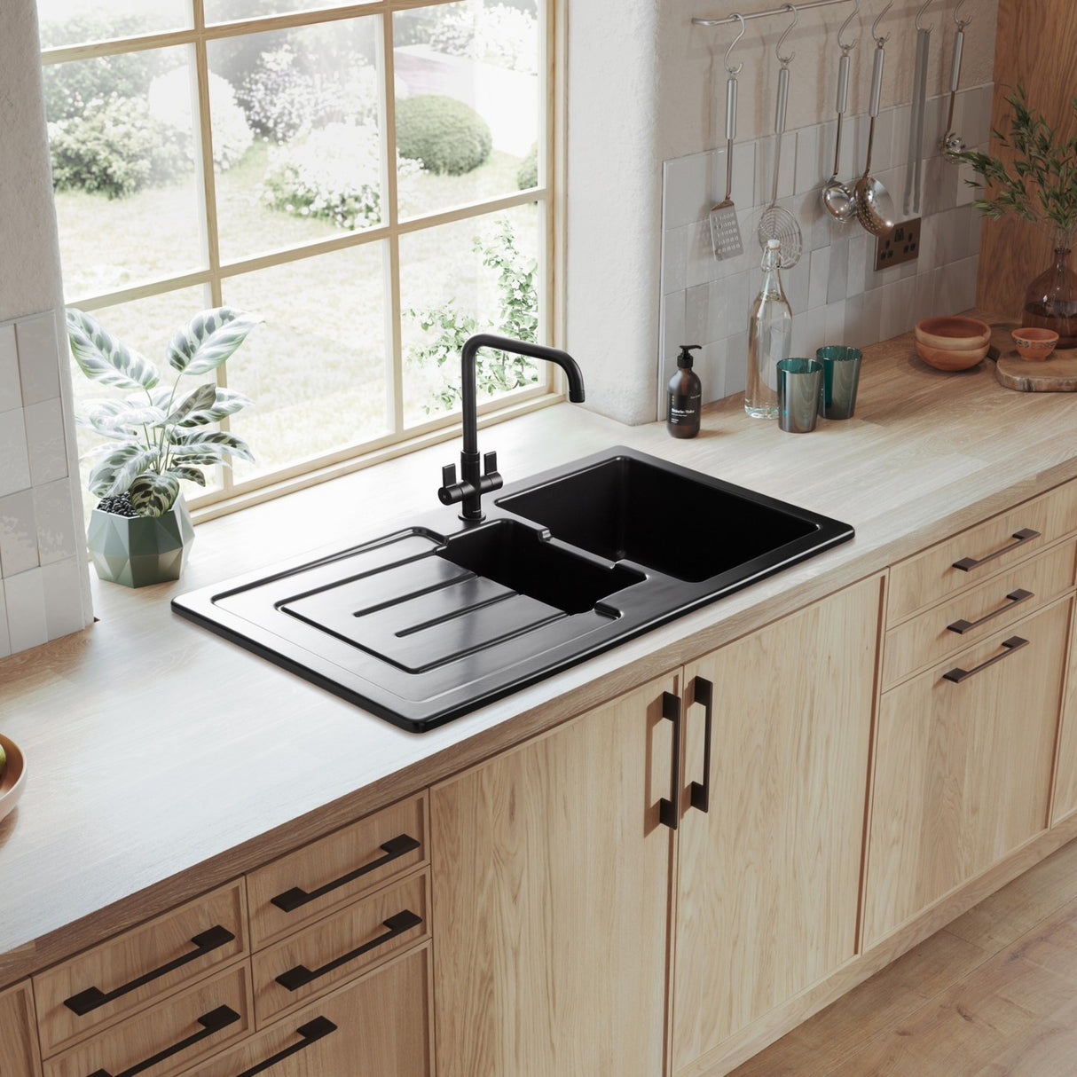 Rangemaster Aquaquad Mixer Tap Matt Black with Dual Lever in Stainless Steel Life Style