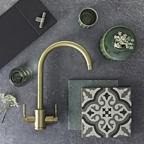 Rangemaster Aquatrend Mixer Tap with Dual Lever in Stainless Steel Brushed Brass Life Style