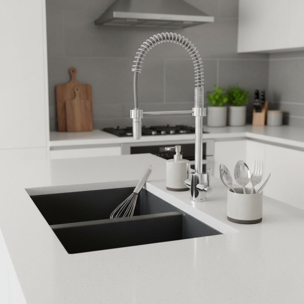 Rangemaster Aquatrend Professional Pull Out Spray Tap With Dual Lever Stainless Steel in Chrome Life Style