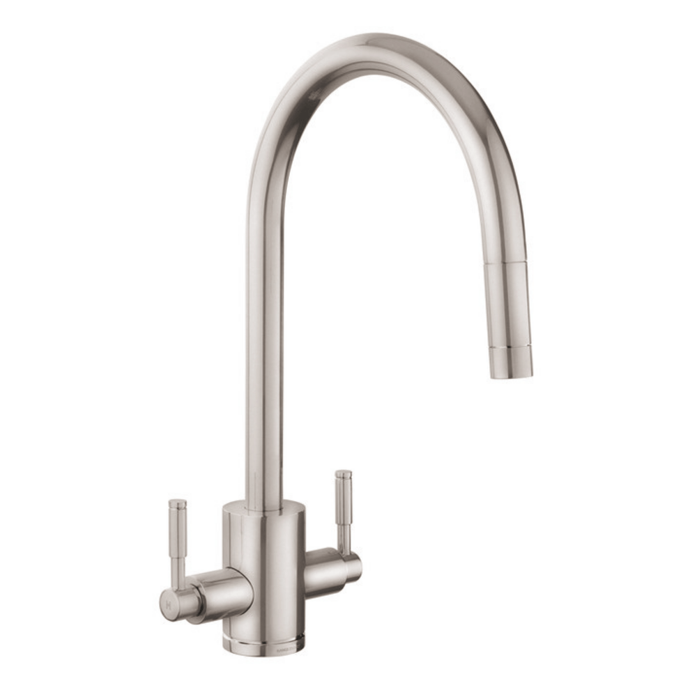 Rangemaster Aquatrend Pull Out Spray Mixer Tap with Dual Lever in Stainless Steel Brushed
