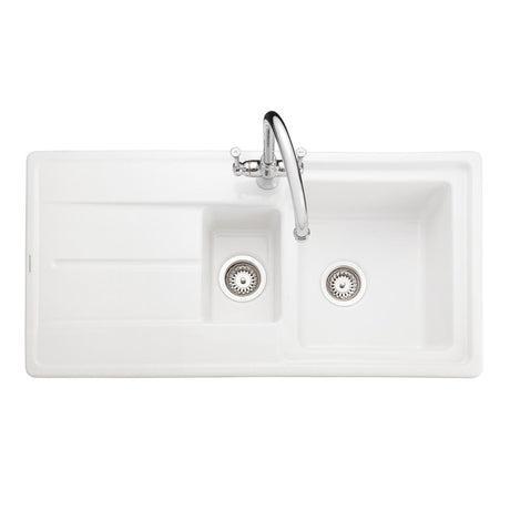 Rangemaster Arlington Inset Mount One And Half Bowl Kitchen Sink For 600mm Cabinet in  Ceramic White 57902761