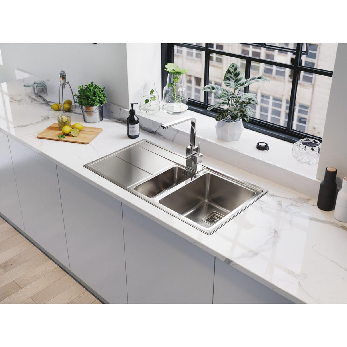 Rangemaster Arlington Inset Mount One and Half Bowl Kitchen Sink For 600mm Cabinet in Stainless Steel Lifestyle