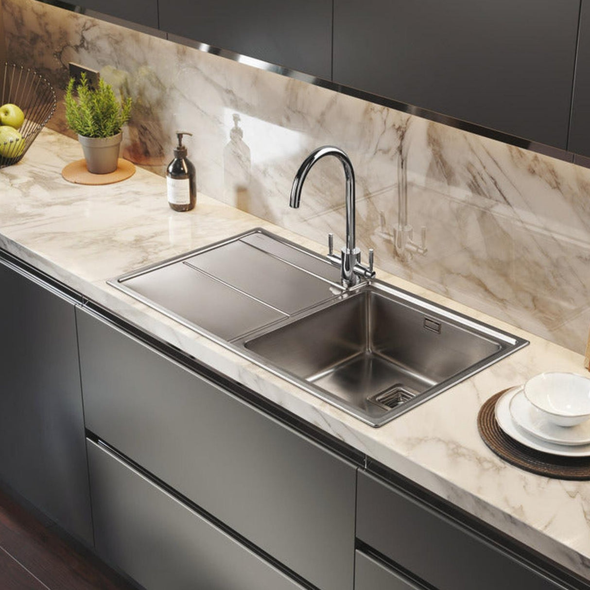 Rangemaster Arlington Inset Mount Single Bowl Kitchen Sink For 600mm Cabinet In Stainless Steel Life Style