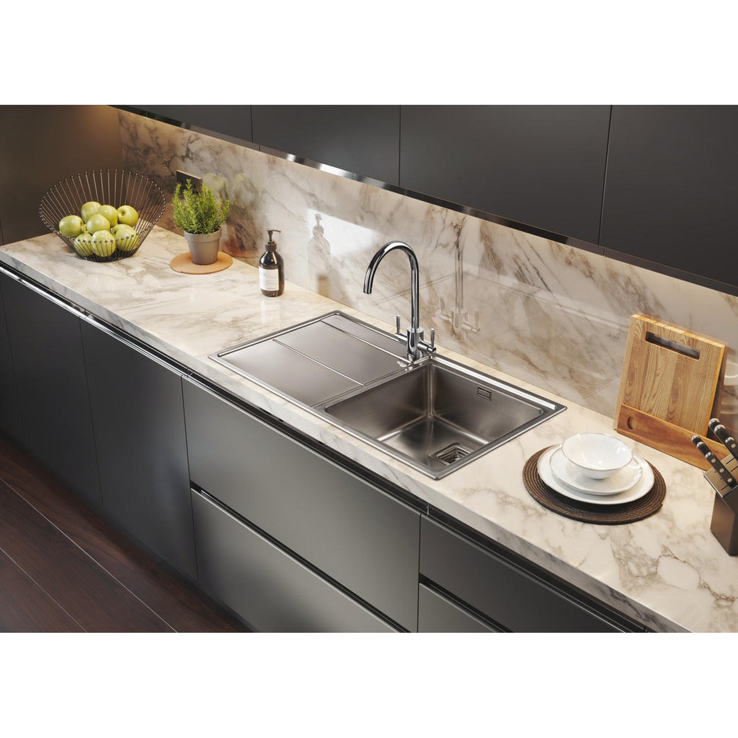 Rangemaster Arlington Inset Mount Single Bowl Kitchen Sink For 600mm Cabinet in Stainless Steel 56560565 Lifestyle