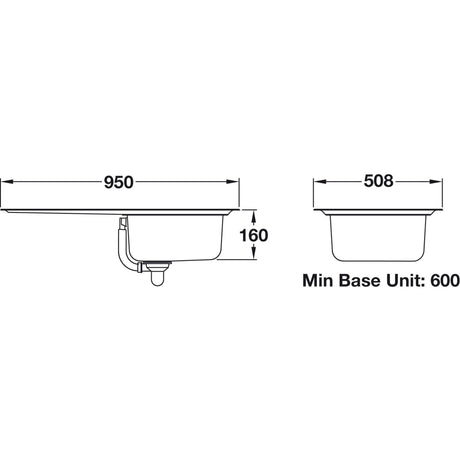 Rangemaster Baltimore Surface mount Single Bowl with Drainer Kitchen Sink For 600mm Cabinet in Stainless Steel 56560191 Dimensions