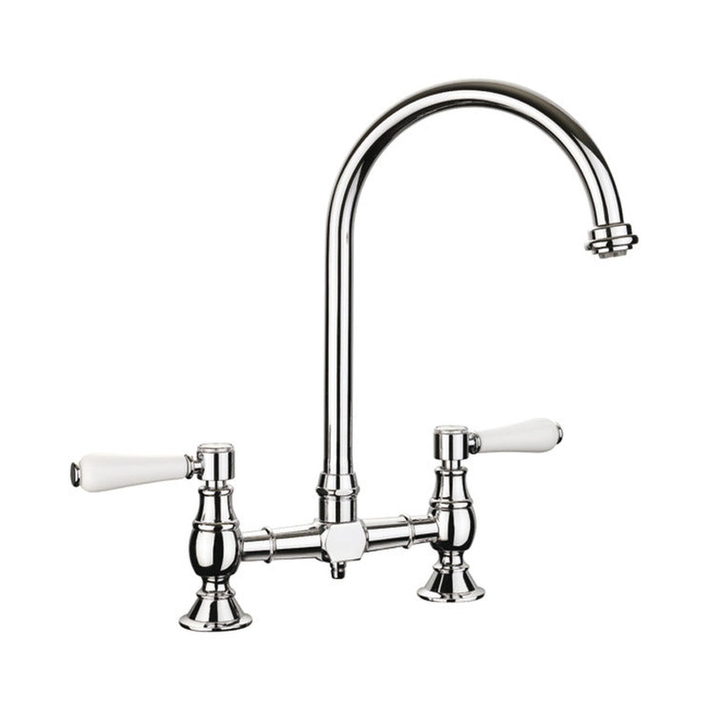 Rangemaster_Belfast_Bridge_Kitchen_Tap_with_White_Tipped_Lever_Handles_Traditional_Elegance_Chrome Finish TBL1CM