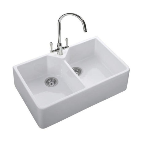Rangemaster Belfast Mount Double Bowl Kitchen Sink for 800mm Cabinet in Ceramic