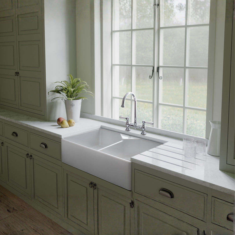 Rangemaster Belfast Mount Double Bowl Kitchen Sink for 800mm Cabinet in Ceramic Life Style