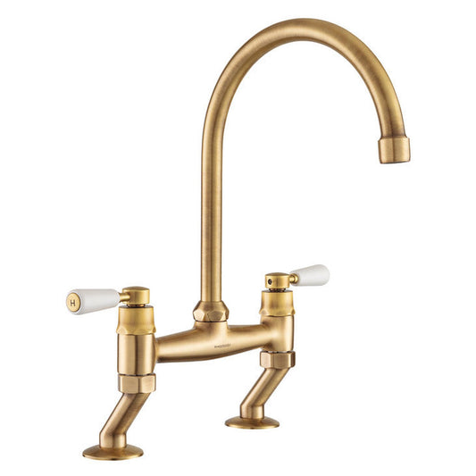 Rangemaster Belfast TBL3 Traditional Bridge Tap With Dual Lever in Stainless Steel Antique Brass With White Levers 56952100