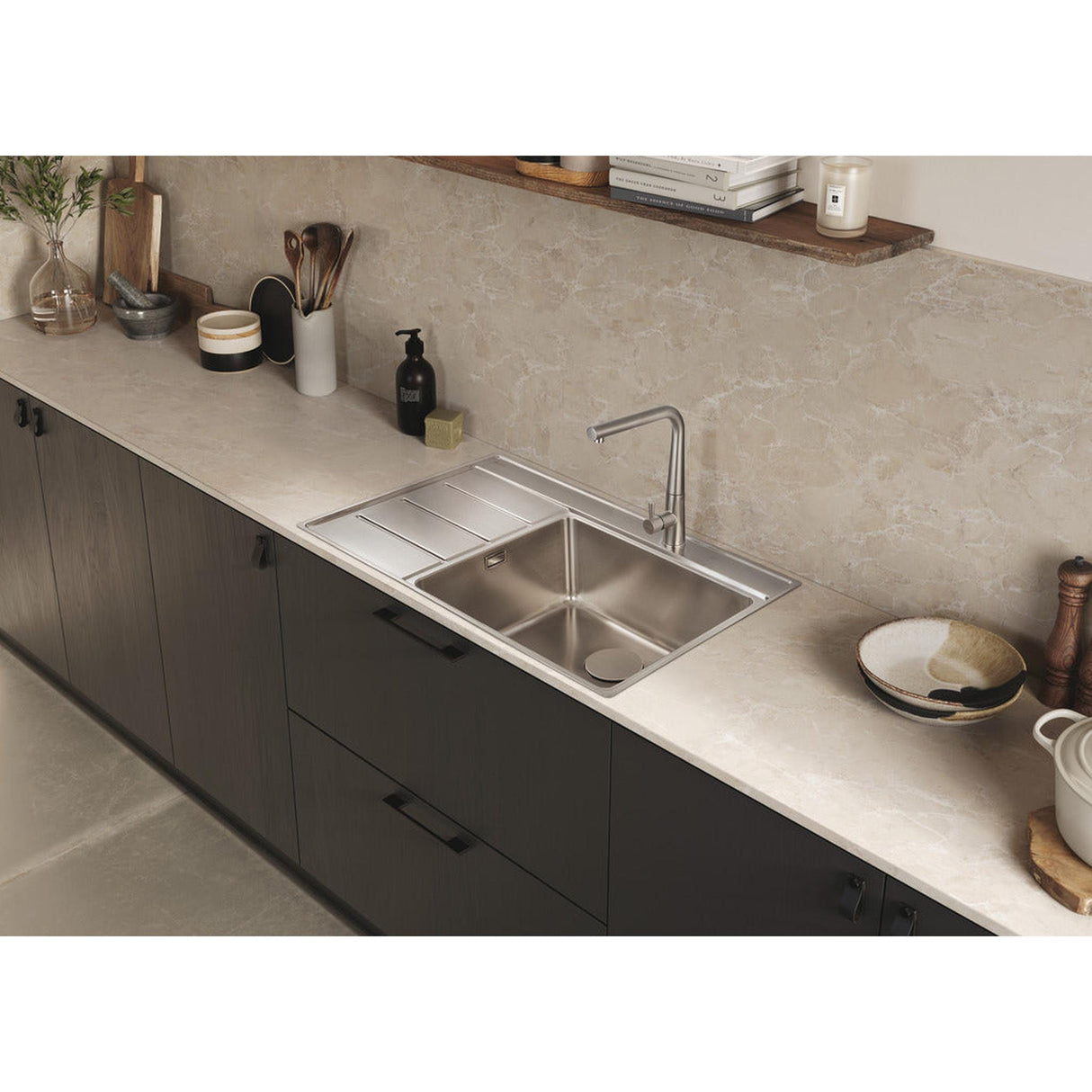 Rangemaster Boston Inset Mount Single Bowl Kitchen Sink For 600mm Cabinet in Stainless Steel Lifestyle