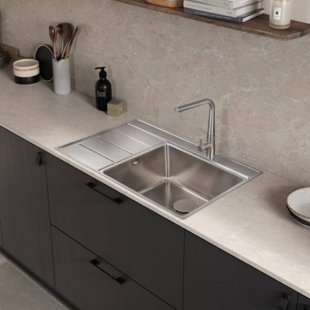 Rangemaster Boston Inset Mount Single Bowl Kitchen Sink For 600mm Cabinet in Stainless Steel Left Life Style
