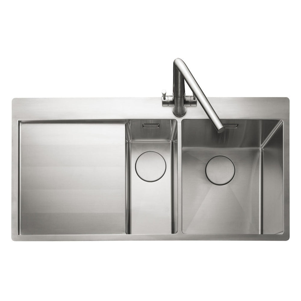 Rangemaster Cosmo Inset Mount One and Half Kitchen Sink For 600mm Cabinet in Stainless Steel Soft Brushed Left