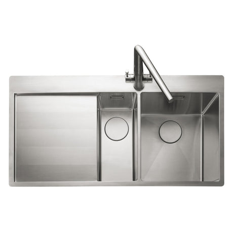 Rangemaster Cosmo Inset Mount One and Half Kitchen Sink For 600mm Cabinet in Stainless Steel Soft Brushed Left