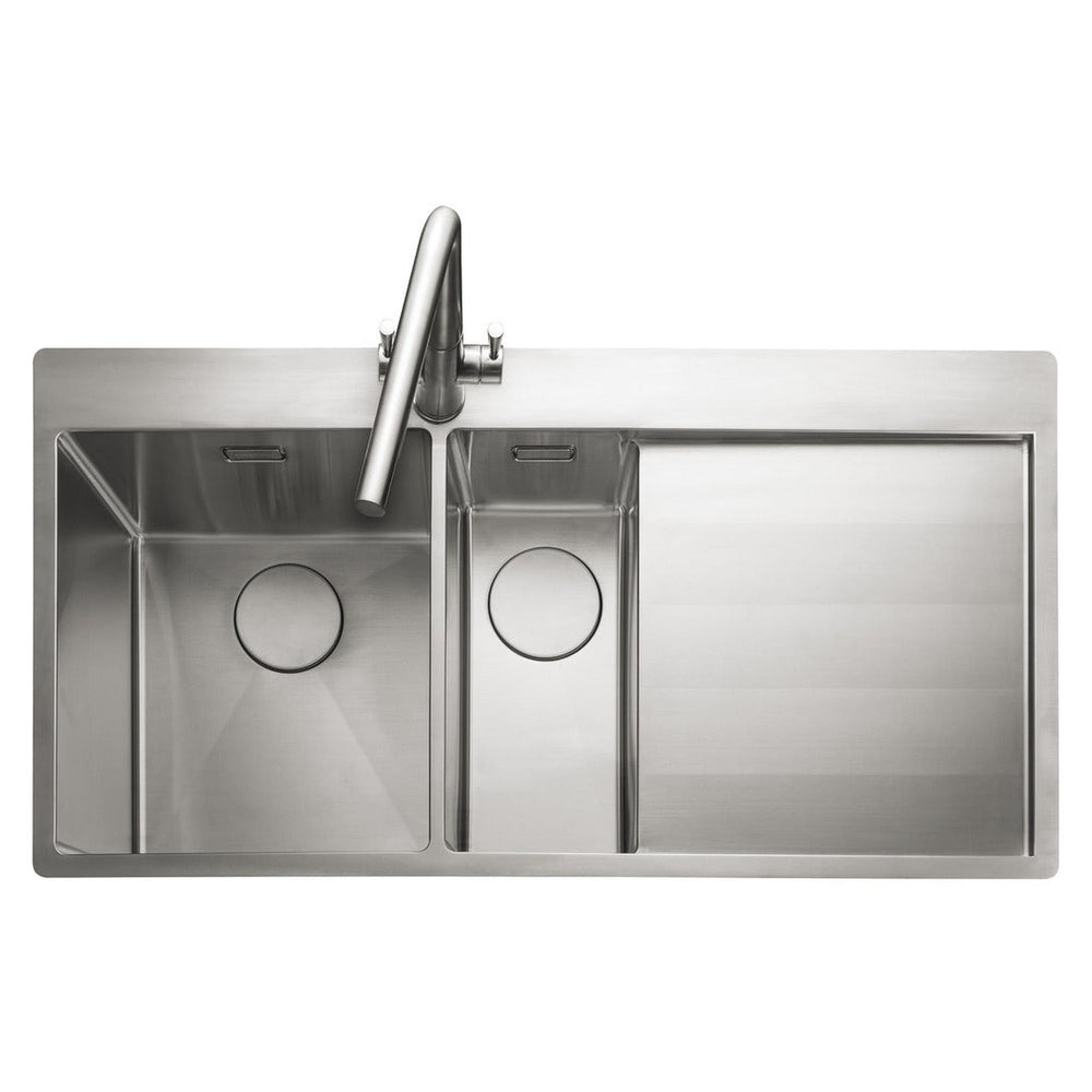Rangemaster Cosmo Inset Mount One and Half Kitchen Sink For 600mm Cabinet in Stainless Steel Soft Brushed Right