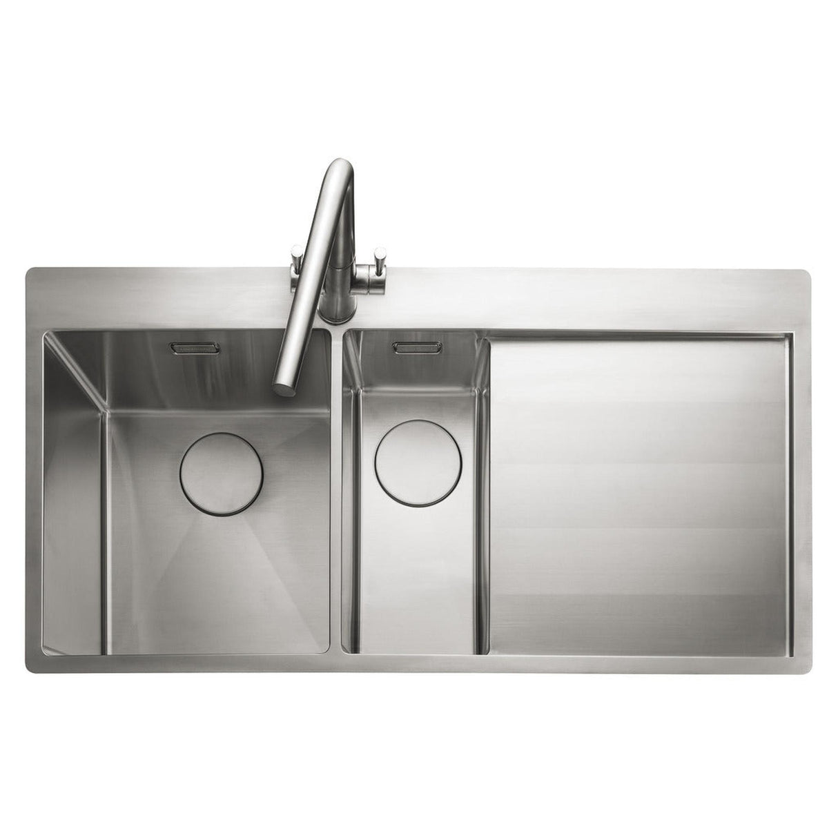 Rangemaster Cosmo Inset Mount One and Half Kitchen Sink For 600mm Cabinet in Stainless Steel Soft Brushed Right