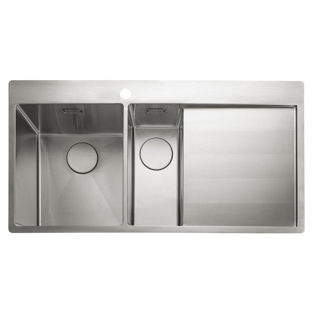 Rangemaster Cosmo Inset Mount One and Half Kitchen Sink For 600mm Cabinet in Stainless Steel Soft Brushed Right