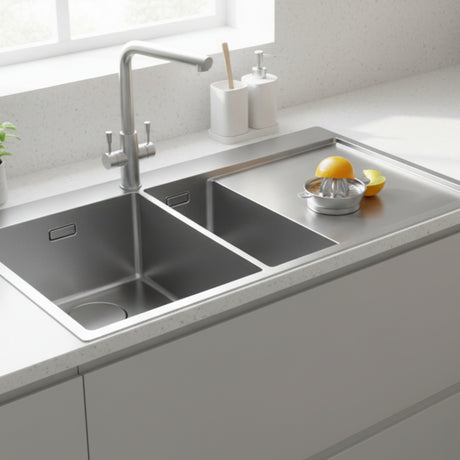 Rangemaster Cosmo Inset Mount One and Half Kitchen Sink For 600mm Cabinet in Stainless Steel Soft Brushed Right Life Style