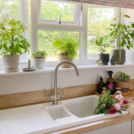 Rangemaster Cruciform Spa Filter Kitchen Tap with Dual Lever Control Classic Modern Aesthetic Brushed Life Style