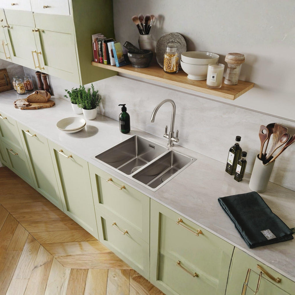 Rangemaster Cubix Undermount Inset Mount One and Half Bowl Kitchen Sink For 600mm Cabinet in Stainless Steel Lifestyle