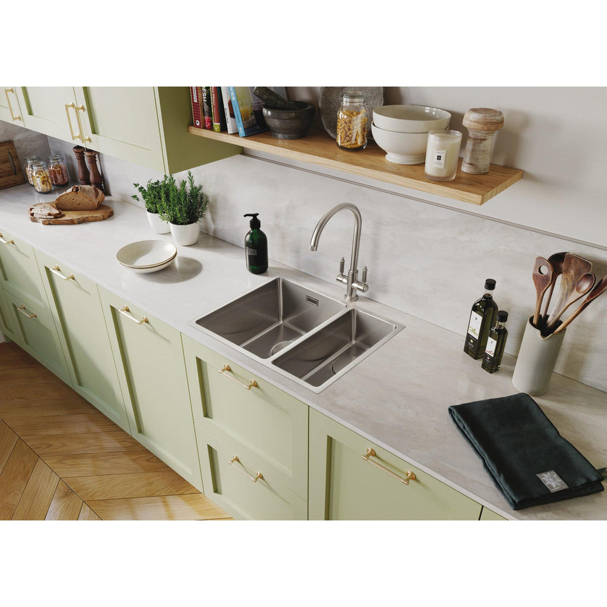 Rangemaster Cubix Undermount Inset Mount One and Half Bowl Kitchen Sink For 600mm Cabinet in Stainless Steel Lifestyle