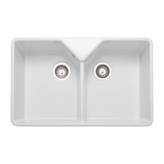 Rangemaster Farmhouse Belfast Mount Double Bowl Kitchen Sink For 800mm Cabinet in Granite White 56557710