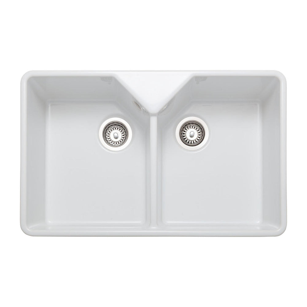 Rangemaster Farmhouse Belfast Mount Double Bowl Kitchen Sink for 800mm Cabinet in Granite White