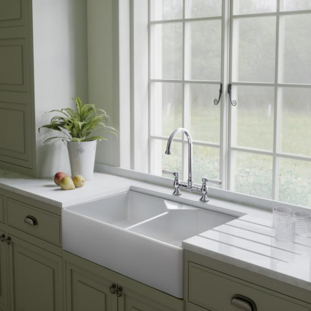 Rangemaster Farmhouse Belfast Mount Double Bowl Kitchen Sink for 800mm Cabinet in Granite White Life Style