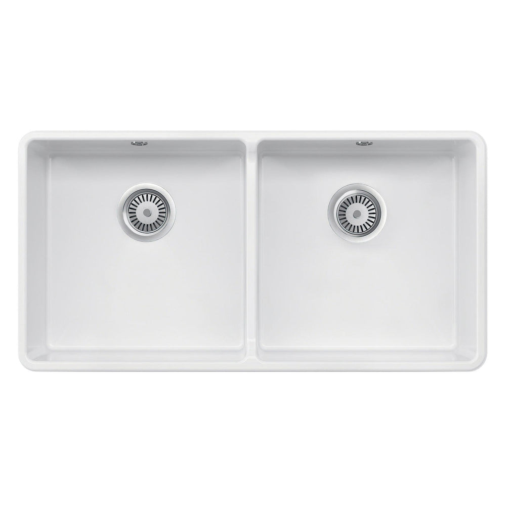 Rangemaster Farmhouse Belfast Mount Double Bowl with Kitchen Sink for 900mm Cabinet in Ceramic White