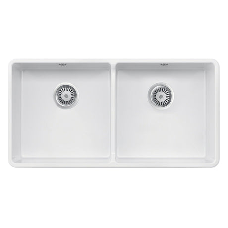 Rangemaster Farmhouse Belfast Mount Double Bowl with Kitchen Sink for 900mm Cabinet in Ceramic White