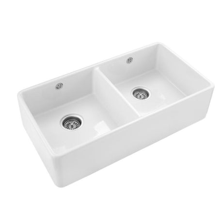 Rangemaster Farmhouse Belfast Mount Double Bowl with Kitchen Sink for 900mm Cabinet in Ceramic White