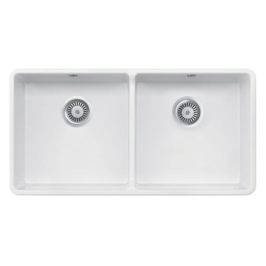 Rangemaster Farmhouse Belfast mount Double Bowl With Kitchen Sink For 900mm Cabinet in Ceramic White 56561790