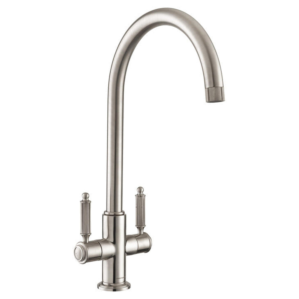 Rangemaster Hemlock C-Spout Kitchen Mixer Tap with Dual Knurled Lever Handle Brushed Nickel