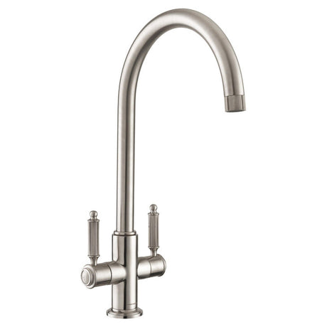 Rangemaster Hemlock C-Spout Kitchen Mixer Tap with Dual Knurled Lever Handle Brushed Nickel
