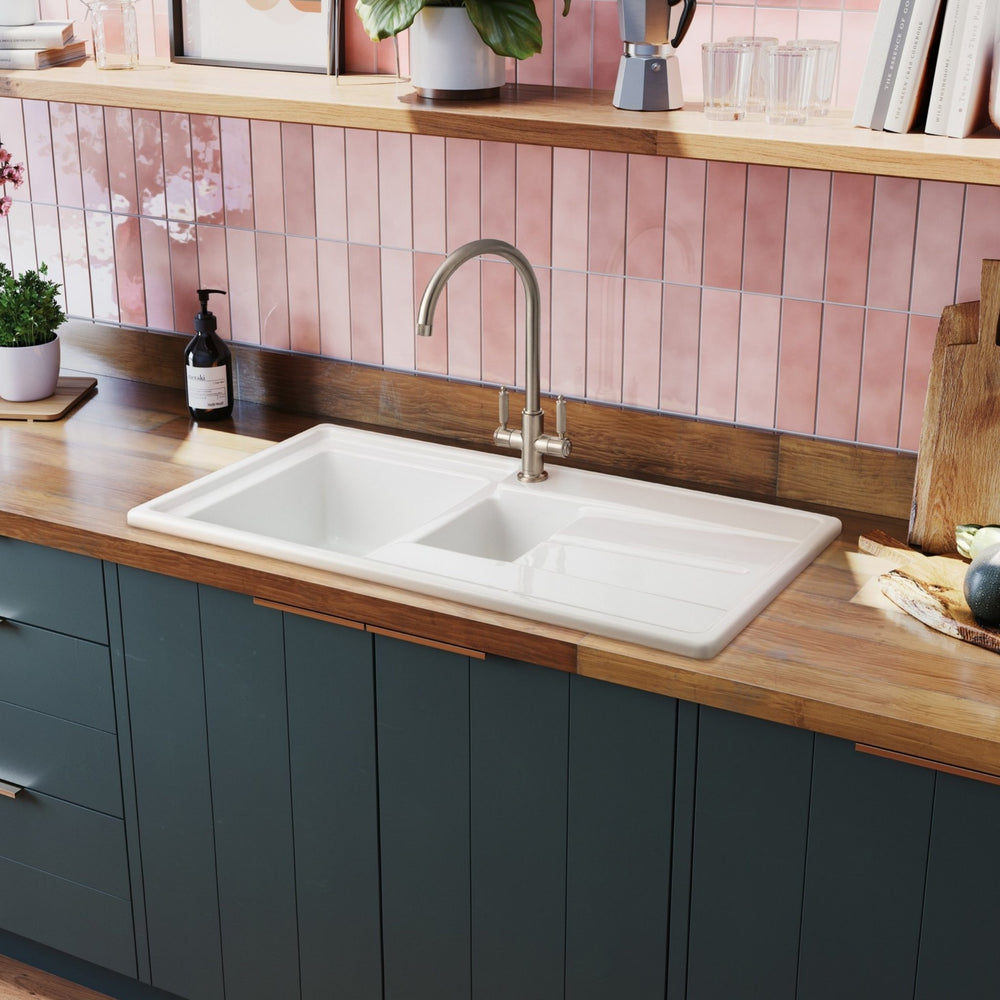 Rangemaster Hemlock C-Spout Kitchen Mixer Tap with Dual Knurled Lever Handle Brushed Nickel Life Style