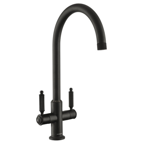 Rangemaster Hemlock C-Spout Kitchen Mixer Tap with Dual Knurled Lever Handle Matte Black