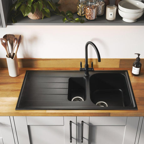 Rangemaster Hemlock C-Spout Kitchen Mixer Tap with Dual Knurled Lever Handle Matte Black Life Style