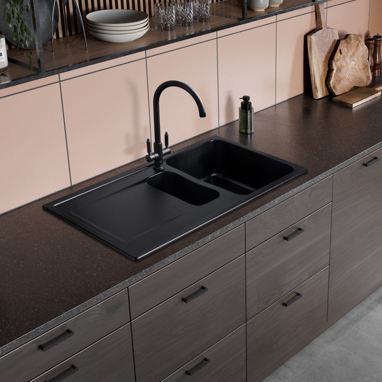 Rangemaster Hemlock C-Spout Kitchen Mixer Tap with Dual Knurled Lever Handle Matte Black Life Style