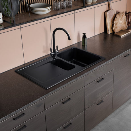 Rangemaster Hemlock C-Spout Kitchen Mixer Tap with Dual Knurled Lever Handle Matte Black Life Style