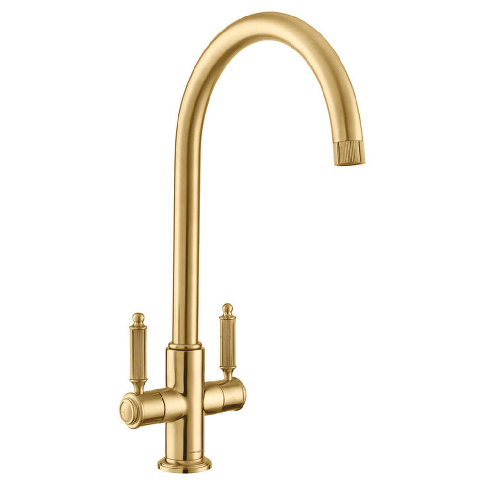 Rangemaster Hemlock C-Spout Kitchen Mixer Tap with Dual Knurled Lever Handle Polished Gold