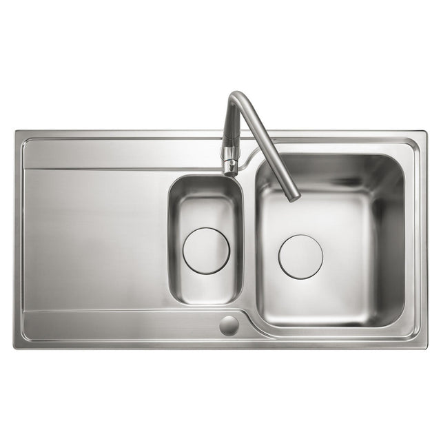 Rangemaster Iconica Inset Mount One and Half Bowl Kitchen Sink For 600mm Cabinet in Stainless Steel Front View