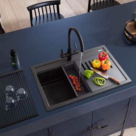 Rangemaster Intense Mixer Tap Matt Black with Dual Lever in Brass Life Style