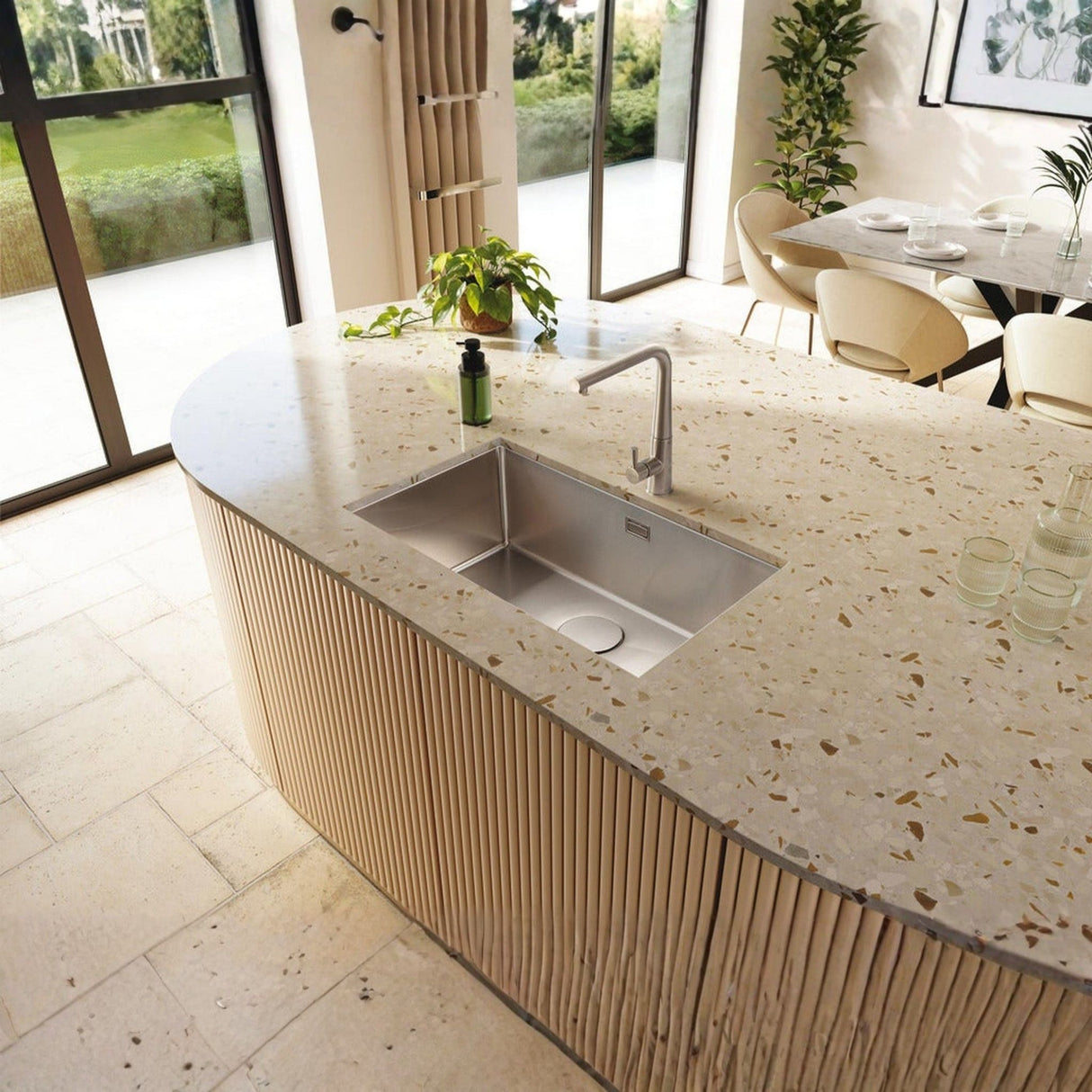 Rangemaster Kube Undermount Inset Mount  Single Bowl Kitchen Sink For 800mm Cabinet in  Stainless Steel Brushed Lifestyle 