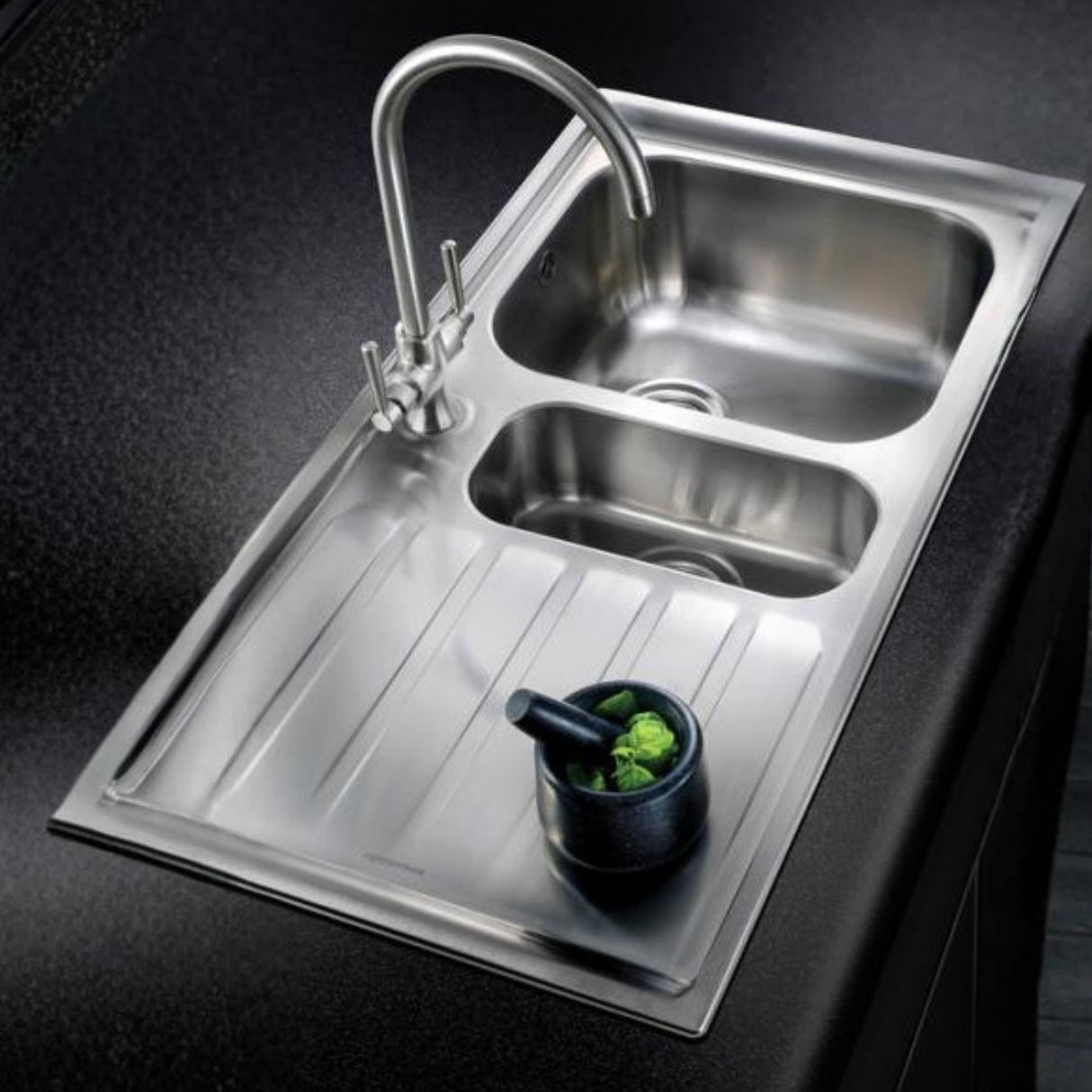 Rangemaster Manhattan Inset Mount One and Half Bowl Kitchen Sink For 600mm Cabinet in Stainless Steel (Left) Life Style