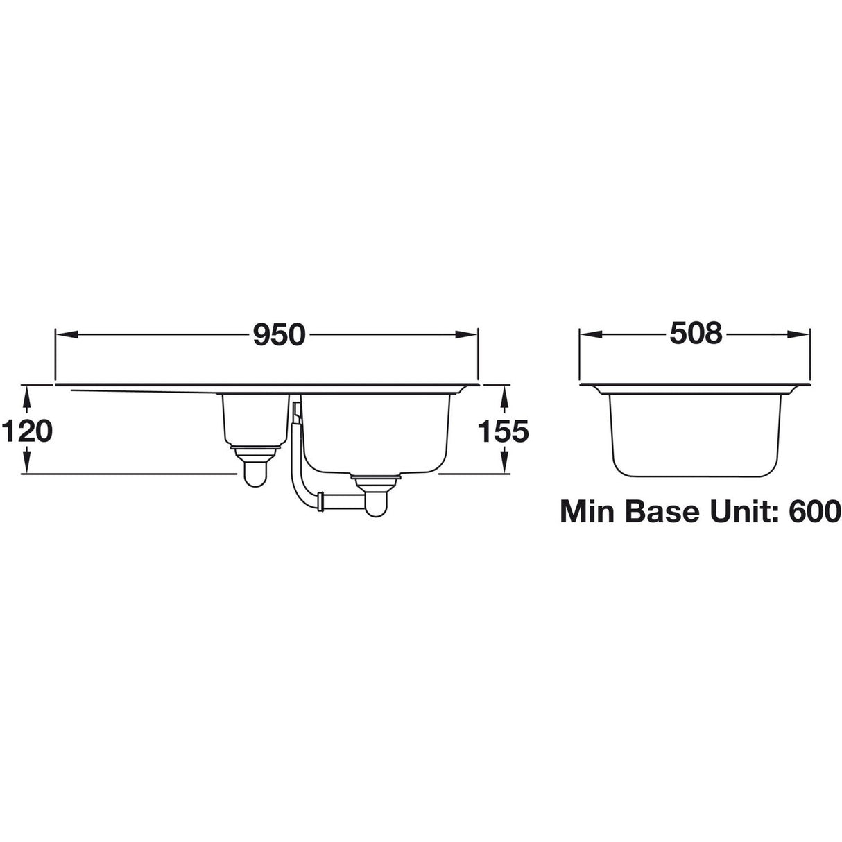 Rangemaster Michigan Surface Mount One And Half Bowl With Drainer Kitchen Sink For 600mm Cabinet in Stainless Steel 56560321 Dimensions