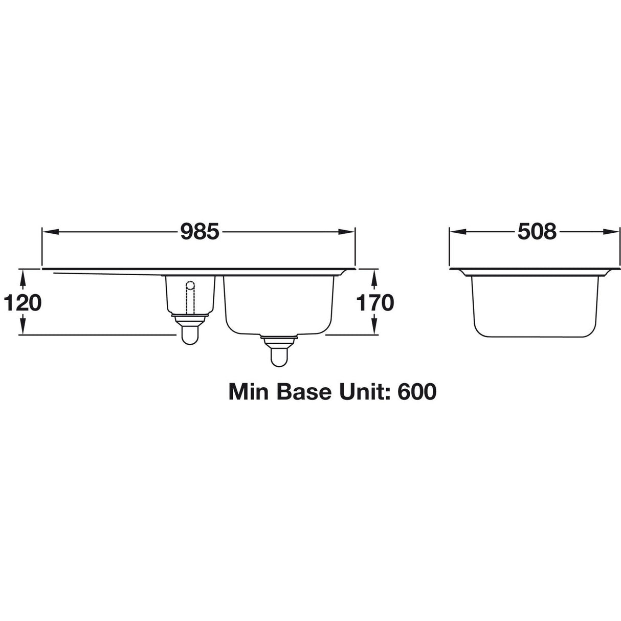 Rangemaster Oakland Surface Mount One And Half Bowl Kitchen Sink For 600mm Cabinet in  Stainless Steel Dimension