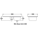 Rangemaster Oakland Surface Mount One And Half Bowl Kitchen Sink For 600mm Cabinet in  Stainless Steel Dimension