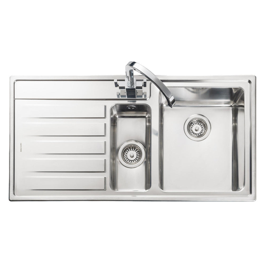 Rangemaster Rockford Inset Mount Drainer One and Half Bowl Kitchen Sink For 600mm Cabinet in Stainless Steel Left Front View