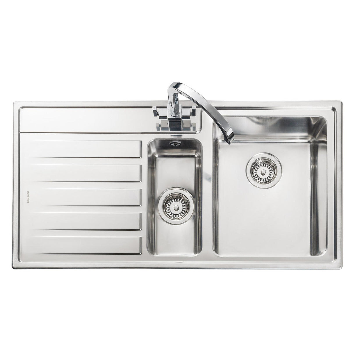 Rangemaster Rockford Inset Mount Drainer One and Half Bowl Kitchen Sink For 600mm Cabinet in Stainless Steel Left Front View